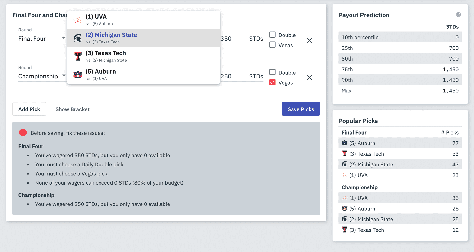 PickSixtyFour picks page screenshot